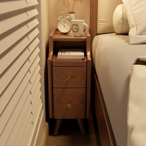 Image of AQIMUELE Small Nightstand with Drawers, Solid Wood Bedside Table, Narrow Walnut Nightstand for Bedroom