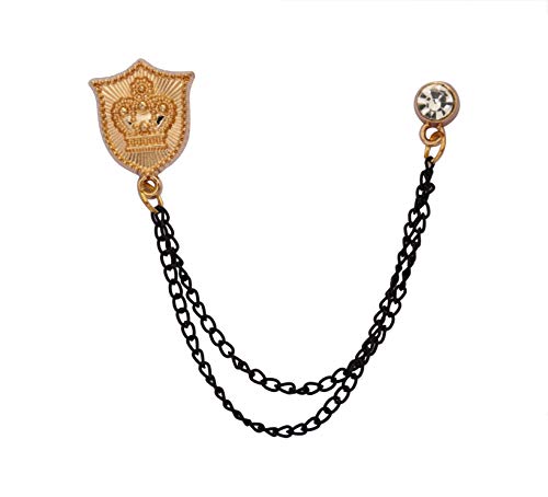 Knighthood Golden Shield with Crown Engraving and Black Hanging Crystal Chain Men's Lapel Pin Brooch