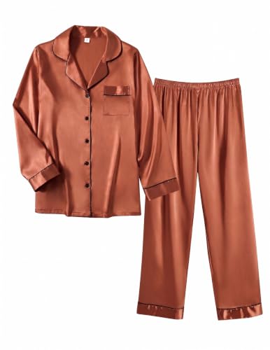 Image of Ekouaer Women Satin Pajamas Set Classic Button Down Long Pjs Set