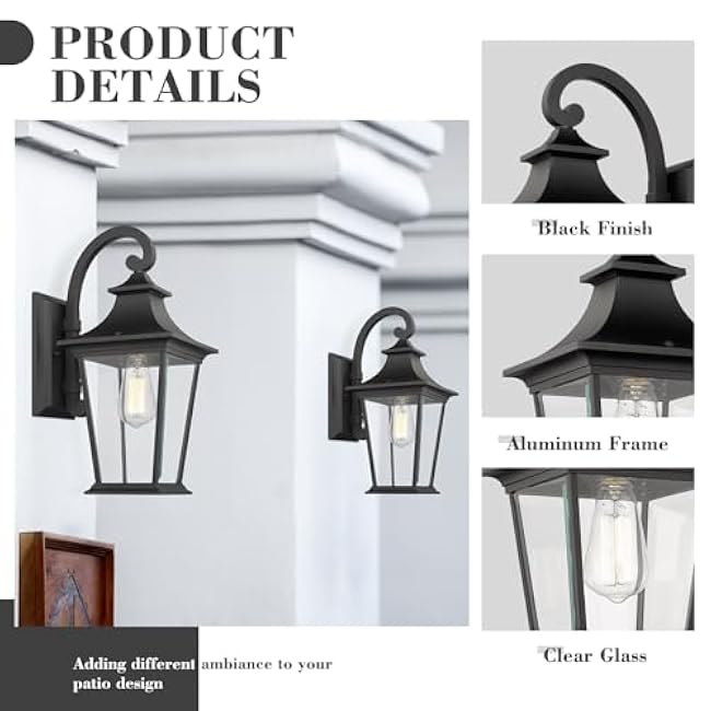 Emliviar Outdoor Wall Lantern, 1-Light Exterior Wall Mount Light with Clear Glass in Black Finish, 18 Height, 500181