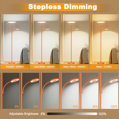 Image of marctronic Orange Floor Lamp, 42W 4000LM Super Bright LED Lamp with Reading Light for Living Room Bedroom Office, Touch Control, Dimmable Standing Lamp with Remote