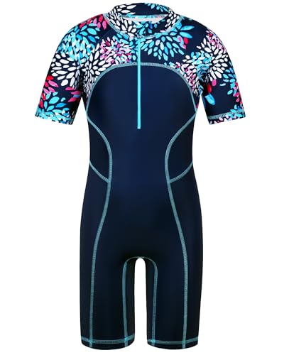 TFJH E Girls Short Sleeve Swimsuits UV 50+ Rash Guard Sunsuits One Piece Bathing Suits 3-12Y