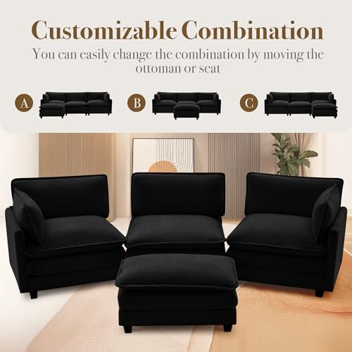 ROWHY 112'' Modular Sectional Cloud Couch with Movable Ottoman, 4 Seat Modern Chenille Sofa, Deep Seat L Shaped Couch for Living Room Bedroom Apartment,Jet Black - Image 3