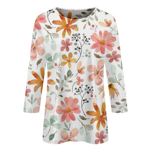 Camisetas de manga 3/4 para mulheres, casuais, soltas, com estampa floral, gola V, botões, blusa Hen