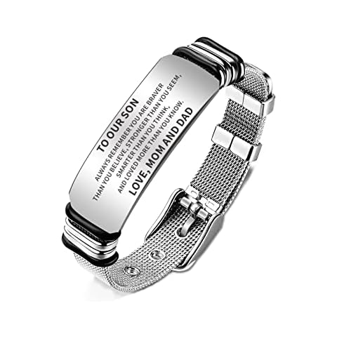 HAYOUWAY To My Son Bracelet from Mum Dad, Grandson Bracelet from Grandma Grandpa, Stainless Steel Engraved Personalised Bracelet for Men Boys with Inspirational Word Wristband Bracelet Gift Cover