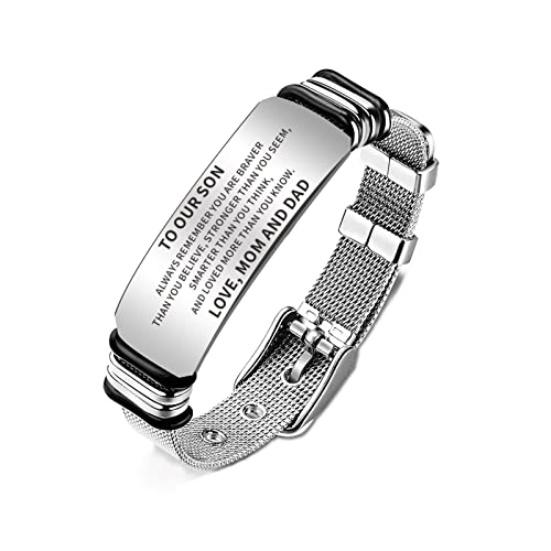 HAYOUWAY Son Bracelet Gifts from Mum Dad, Personalised Gifts for Men To My Son Grandson Bracelet, Stainless Steel Engraved Personalised Mens Bracelet Gift for Son Boy on Birthday Anniversary Christmas