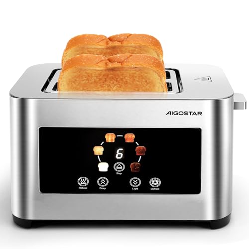 Aigostar Tostadora, 2 Rebanadas, Pantalla LED Táctil, Ranura Extra Ancha de 4 cm, Centrado Automático, 6 Niveles de Tostado, Funciones de Recalentar, Descongelar y Parada, Acero Inoxidable, 850W