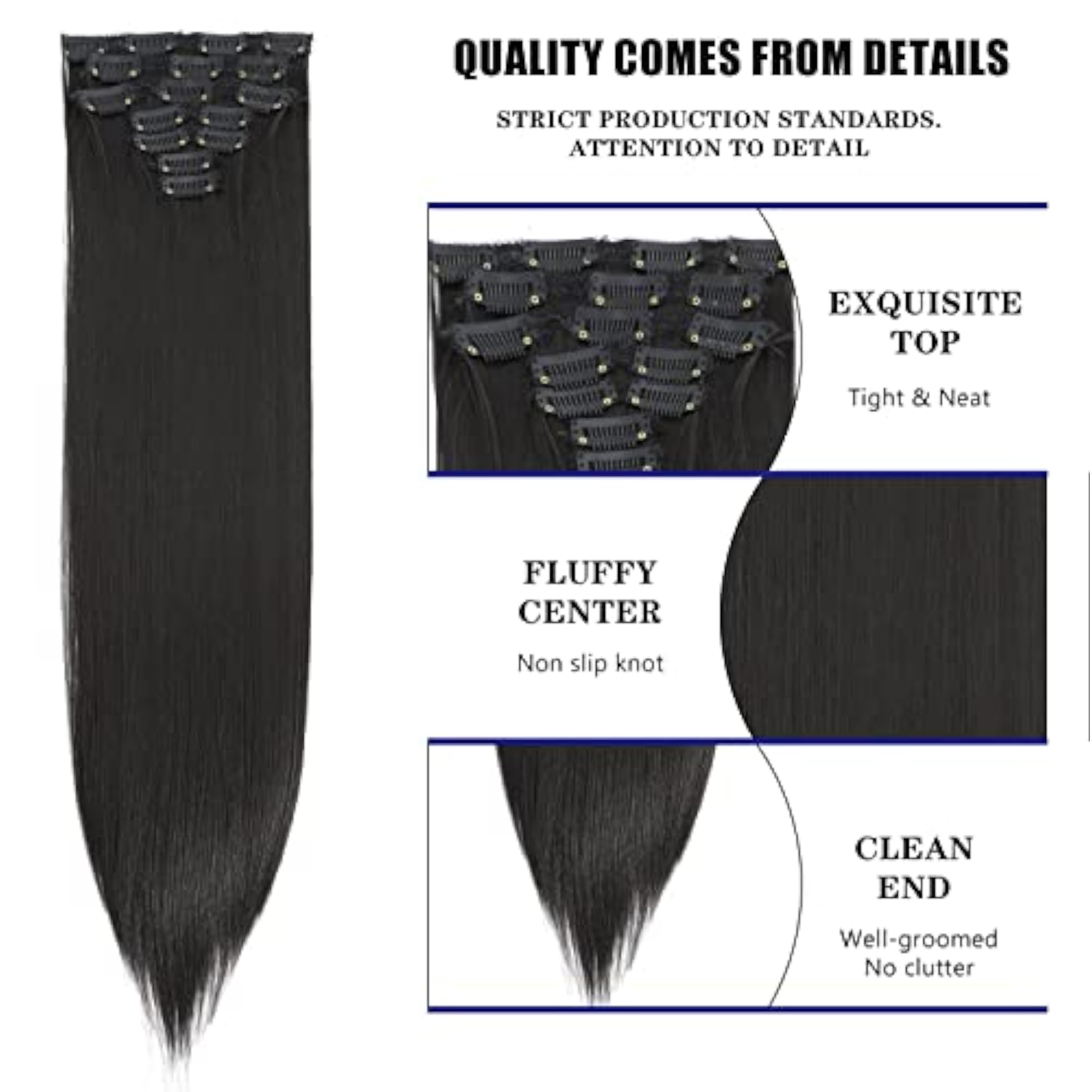 24" Black Clip-In Hair Extensions Set for Women