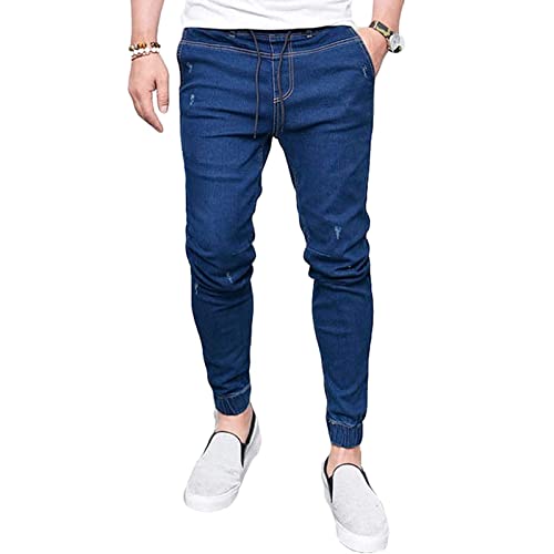 JEsilunmaMY Men's Drawstring Stretchy Denim Pants Elastic Waist Distressed Casual Skinny Jeans Slim Washed Ankle Pencil Jeans