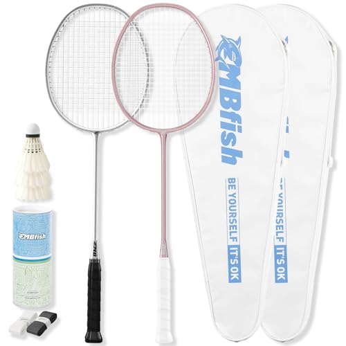 MBFISH Badminton Racket Set with 2 Carbon Fiber Racquets 5U, 3 Shuttlecocks, 2 Racket Grip Tapes and 2 Badminton Bag - Perfect for Outdoor Games and Gym 5U (Silver+Rosegold)