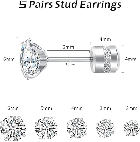 5 قطع من الأقراط الفضية للسيدات، اقراط مضادة للحساسية من الستانلس ستيل مرصعة بالزركونيا للنساء