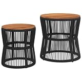 Patio Side Tables 2 Pack Black Poly Rattan with Acacia Wood Top for Garden