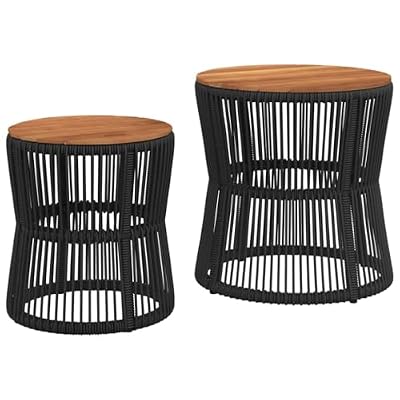 Patio Side Tables 2 Pack Black Poly Rattan with Acacia Wood Top for Garden