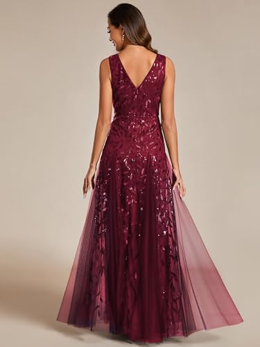 Image of Ever-Pretty Women's Prom Dresses V Neck Sleeveless Tulle Hem A-Line Sequins Maxi Ball Gowns Burgundy US22