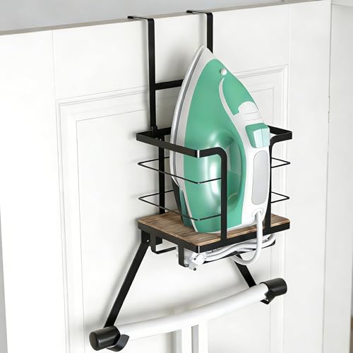Ironing Board Hanger Wall Mount, Over the Door Iron Board Holder, Wooden & Metal Laundry Room Organizer, Anti-Slip Fence Design, Fits T/Y-Leg, Black