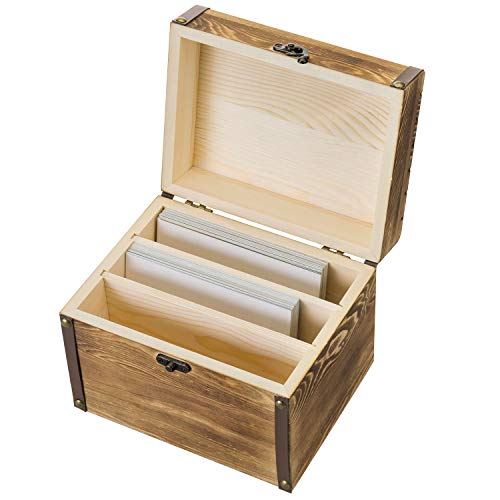 Mygift Rustic Burnt Wood Recipe Card Box With Divider, Wooden Recipe Holder Organizer Chest With Leatherette & Brass Accents - Holds 4 X 6 Cards #TOP5