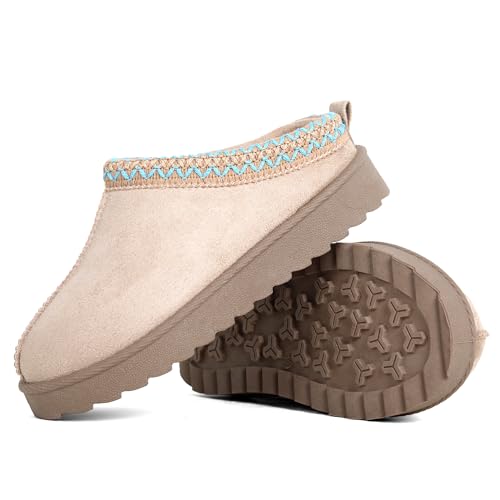 Kids’ Cosy Faux Suede Mule Slippers – Slip-On House Shoes for Boys and Girls with Embroidered Trim & Anti-Slip Sole (BEIGE, One Size, Big Kid, 1, Numeric, UK Footwear Size System, Medium)