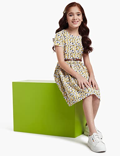 Image of Amazon Brand - Jam & Honey Girl's 100% Soft & Pure Cotton Comfortable and Stylish Printed Woven Dress with Short Sleeves and Belt - Perfect for Every Occasion