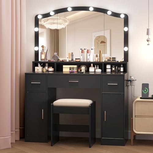 GAOMON Vanity Desk with Mirror and LED Light, Makeup Vanity Set with Power Outlet, Make Up Vanity Table with Drawers, Storage Shelve & Stool for Bedro