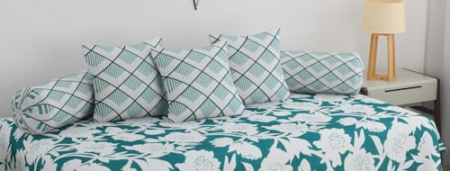 Image of Pure Soft Cotton Floral Diwan Set Covers 6 Pieces - 1 Single Bed Sheet (60 X 90) with 3 Cushion (16 X 16), 2 Bolster Covers (16 X 32) Yellow White