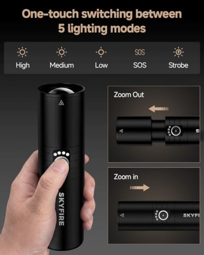 SKYFIRE Rechargeable Flashlight 2000 High Lumens with Ignition Lens, USB-C Tactical Flashlight LED, 7500 High Capacity, Up to 30 Days of Occasional Use, Waterproof for Camping, Survival & Emergency — view 3
