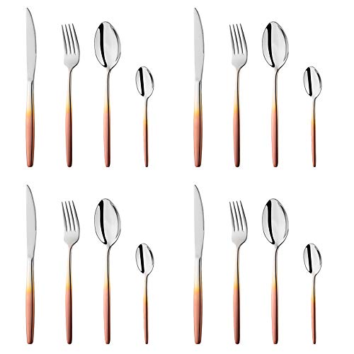 BISDARUN Stainless Steel Flatware Rose Gold Coloured Handle Cutlery Set 16 Piece Silverware Tableware Set Service for 4, Spoon Fork Knives for Party Outdooor Camping Travel, Dishwasher Safe
