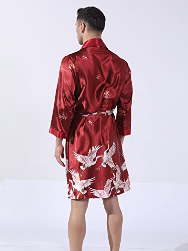 Wdirara Men's Satin Robe Floral Long Sleeve Wrap Belted Long Sleep Silk Bathrobe Crane Print Burgundy M #TOP1