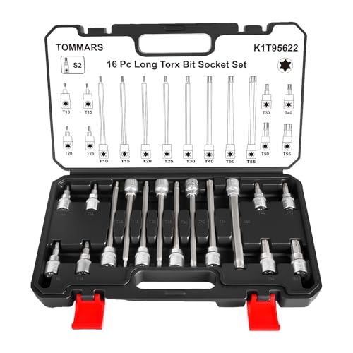 Image of TOMMARS 16-Piece 3 /8 inch Drive Conventional Torx Socket Set | T10, T15, T20, T25, T30, T40, T50, and T55, Long Torx Bit Socket Set ,S2 Alloy Steel
