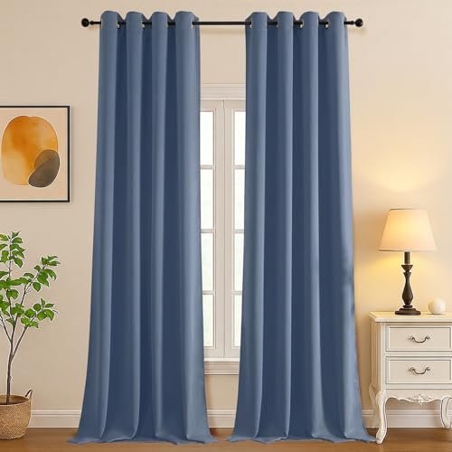 Image of Simplebrand Denim Extra Long 10ft Curtains for Patio 120 Inches Long 2 Panels Set, Room Darkening Light Blocking Solid Thermal Insulated Energy Saving Grommet Noise Reducing Curtains, 50 Wx120 L