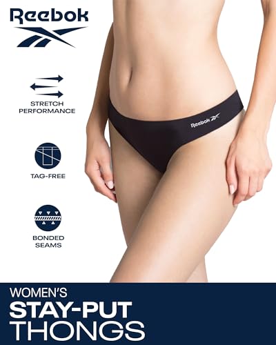 Reebok Womens Thong Underwear - 4 Pack or 8 Pack Stretch Performance Womens Underwear Sexy Seamless Thongs for Women (S-XL), Size Large, Shark Skin/Black-4pk