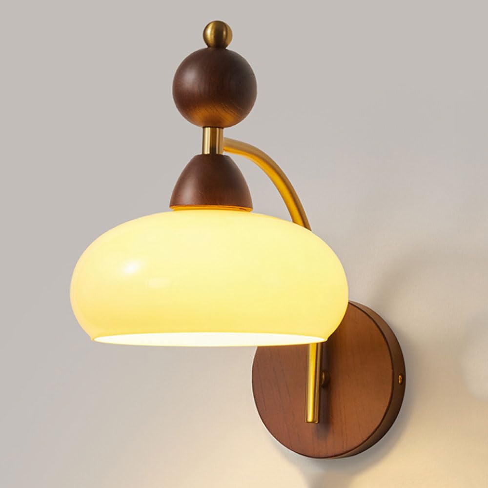 HPTHLY Retro Wood Wall Sconce Lighting Cream Glass Wall Mount Lamp, Noridc Plating Brass Finish Wall Light Wabi Sabi Solid Wood Art Decor Lighting Fixture F