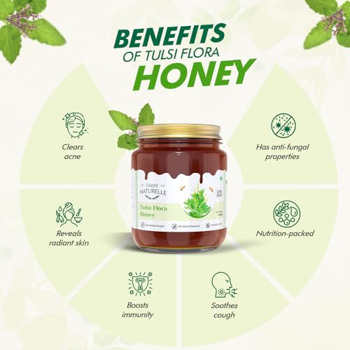 Image of Farm Naturelle Tulsi Forest Flower Wild Honey 300gm|100% Pure Honey | Raw & Unfiltered|Unprocessed|Lab Tested Honey In Glass Jar with Engraved Virgin Wooden Spoon