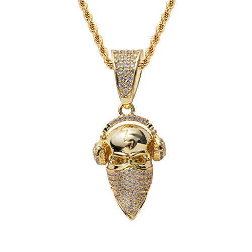 Preisvergleich Produktbild SuaMomente Mode Anhänger Halskette Maskierte Kopfhörer Coole Menschen Kopf Anhänger + Edelstahl Twist Kette Straße Hip Hop Anhänger Halskette Schmuck,Gold