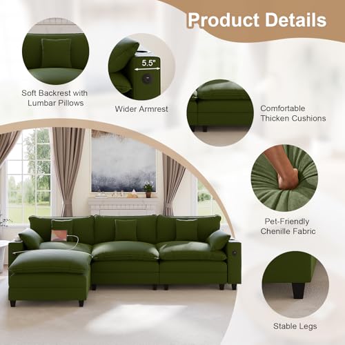Image of KCGKCG 116 inch Modular Sectional Sofa, L Shaped Cloud Couch with Movable Ottoman, Chenille Deep Seat Cloud Sofa with Charging Station, Cup Holder, Side Pocket, Sectional Couches for Living Room, Green