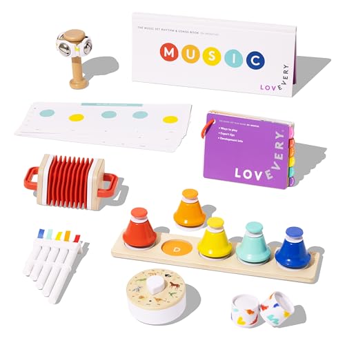 LOVEVERY | The Music Set | 6 Montessori Musical Instruments & Rhythm Book | Educational Toys for Toddlers & Preschoolers | Simple Songs and Play Guide | Ages 18 Months to 4+ Years