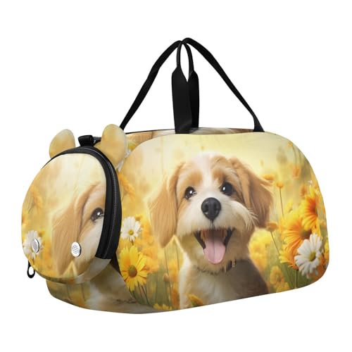 Duffle Bag Kids Gym Bag with Shoes Compartment & Wet Separation Overnight Travel Bag Sunflower Dog for Girl Boy