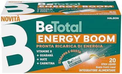 Betotal Energy Boom, Integratore Alimentare con Vitamine B, Guaranà, Mate e Carnitina, effetto tonico per ricaricare le energie in caso di stanchezza, Gusto Frutti Rossi, 20 stick liquidi Generico - integratore