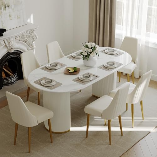POVISON Ovaler Esstisch modern 180x90cm für 4-6 Personen, Esszimmertisch weiß Hochglanz Marmoroptik Tischplatte oval mit römischer Säulenfuß, Schnellmontage (ohne Stühle)