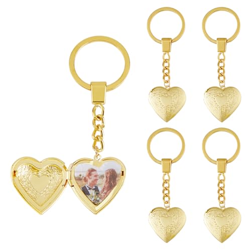 SUPERFINDINGS 5Pcs Heart Locket Pendant Keychain Vintage Carved Flower Pattern Heart Key Rings Golden Brass Photo Locket Keychain for Women Bag Hat Key Valentines Jewelry Gift