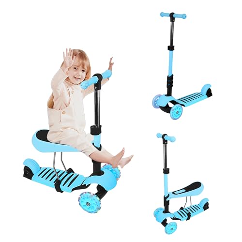 Homewell 2 en 1 patinete triciclo con asiento para 3-8 años, scooter, patinete para niños con 3 ruedas luminosas, patineta infantil plegable con altura ajustable, carga máx. 50 kg (azul)