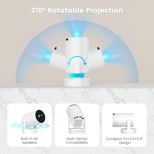 Image of Mini Portable Projector 4K with WiFi6.2 and Bluetooth5.4, Video Projector Support 5w Sound Base Speaker, 210 Rotation, Android 11, Auto Vertical Keystone for Home Bedroom Outdoor, HY300 Ultra
