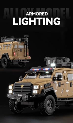Image of Enterprise 1:24 Armored Police Car Diecast Model - Tooth Tiger Explosion-Proof Pull Back Metal Toy with Lights, Sounds & 4 Opening Doors - Collectible Vehicle for Kids & Display (Brown)