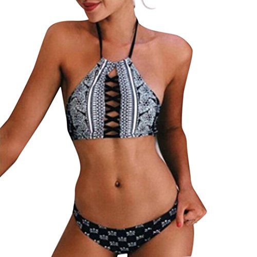 Canserin Women's Bikini Set, Womens Print Bandage Two-Piece Bikini Swimsuit Beachwear (S, Black)