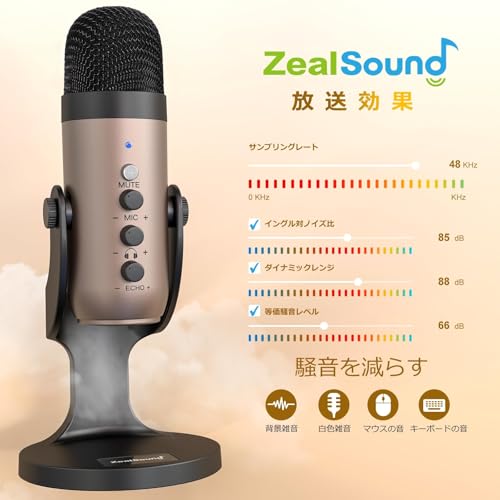 ZealSound ASMR 配信用マイク コンデンサーマイク For i*Phone USBマイク エコー機能付き 録音 ゲーム実況 ライブ配信 Skype Zoom PC Windows Macに対応 PS4&5に対応 YouTube 在宅勤務に適応（金）