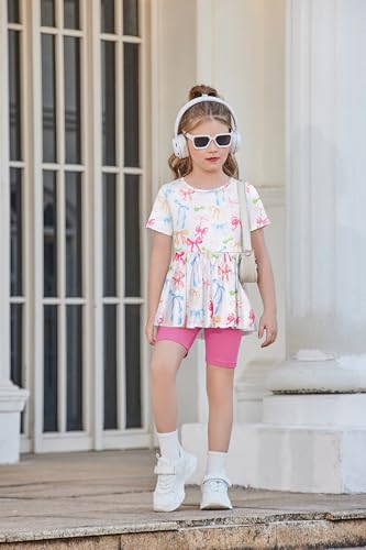 Image of Arshiner Girls Summer Outfits Short Sleeve Ruffle Hem Top and Biker Shorts Set Girl Clothes 4-15 Years