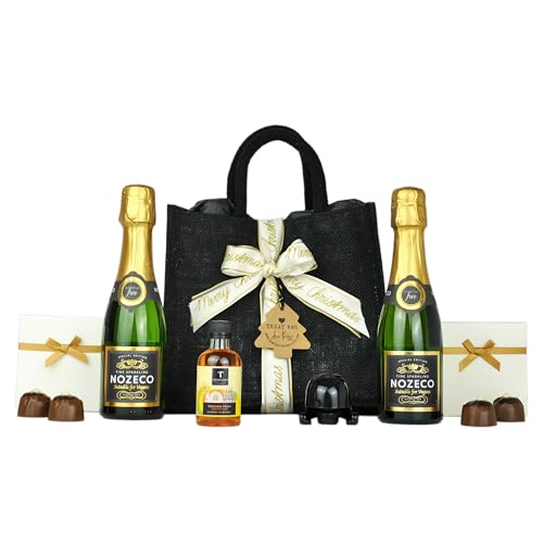 Christmas Non Alcoholic Sparkling Wine Mini Treat Bag Hamper: 2 x Alcohol Free 200ml, Passion Fruit Syrup 50ml, Truffles Jute Gift Set (Non Alcoholic 2)