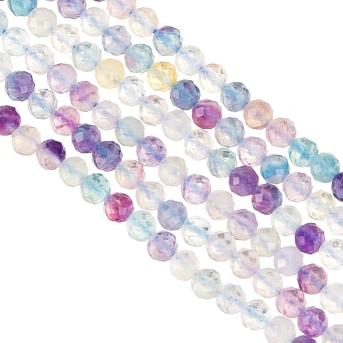 OLYCRAFT 192pcs 4mm Natural Fluorite Gemstone Beads, Faceted Rainbow Round Loose Spacer for Bracelet Necklace Jewelry Making