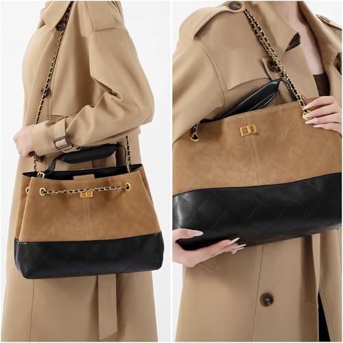 Quilted Bucket Crossbody Bag Purse for Women, Leather Shoulder Bag with Chain Strap & Turn-Lock Closure2