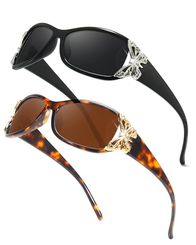Myiaur Polarized Sunglasses for Women, Trendy Retro Sun Glasses with UV400 Protection Fashion Butterfly Decoration (2 Pack)