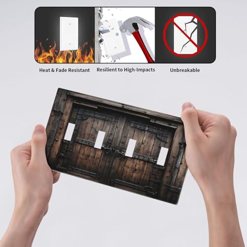 Decorative Light Switch Cover Plate Retro Brown Wood Barn Door Vintage Farmhouse 4 Gang Wall Plate Oversized Quad Toggle Switch Cover Plate Jumbo Faceplate
